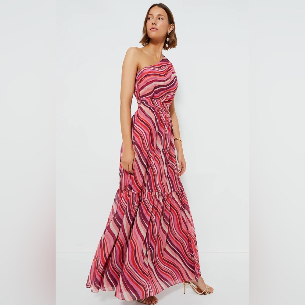 Tuckernuck Sunset Stripe Cadiz Dress XS Pink Swirl One-Shoulder Maxi NWT $348